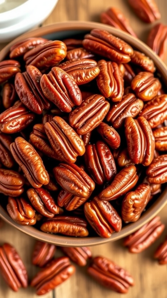 Quick and Easy 4-Ingredient Vegan Candied Pecans A bowl of shiny vegan candied pecans on a rustic table, glistening with sweetness, with a hint of cinnamon.